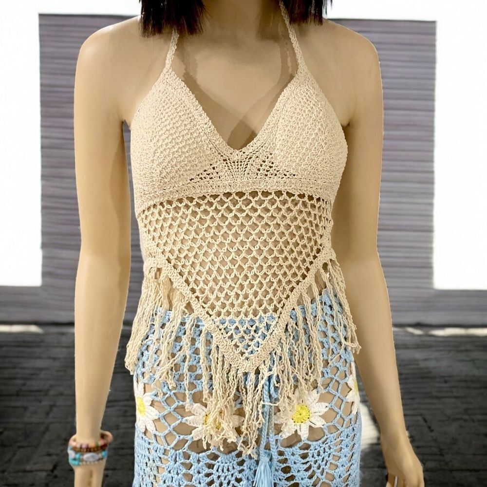 Tan Crochet Open Knit Fringe Tassel Trim Crop Halter Top NWT